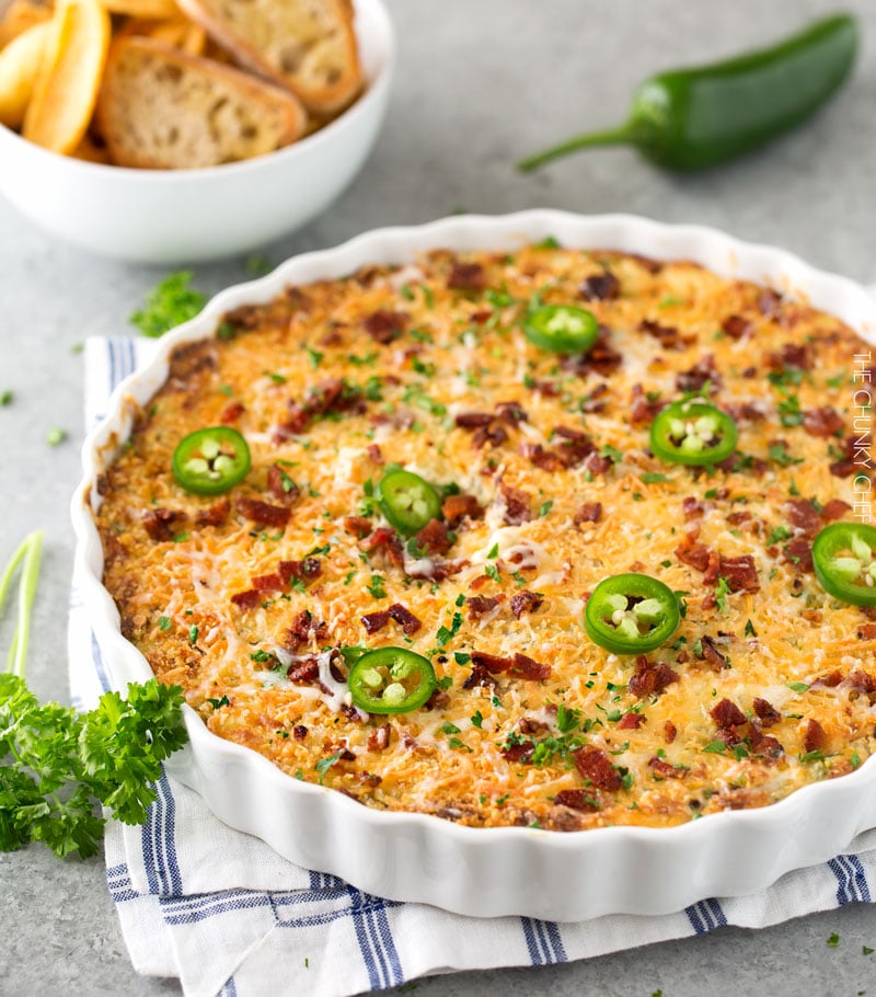 Cheesy Bacon Jalapeno Popper Dip | Warm and spicy, this ultra cheesy bacon jalapeno popper dip will be the hit of ANY party you bring it to! | http://thechunkychef.com