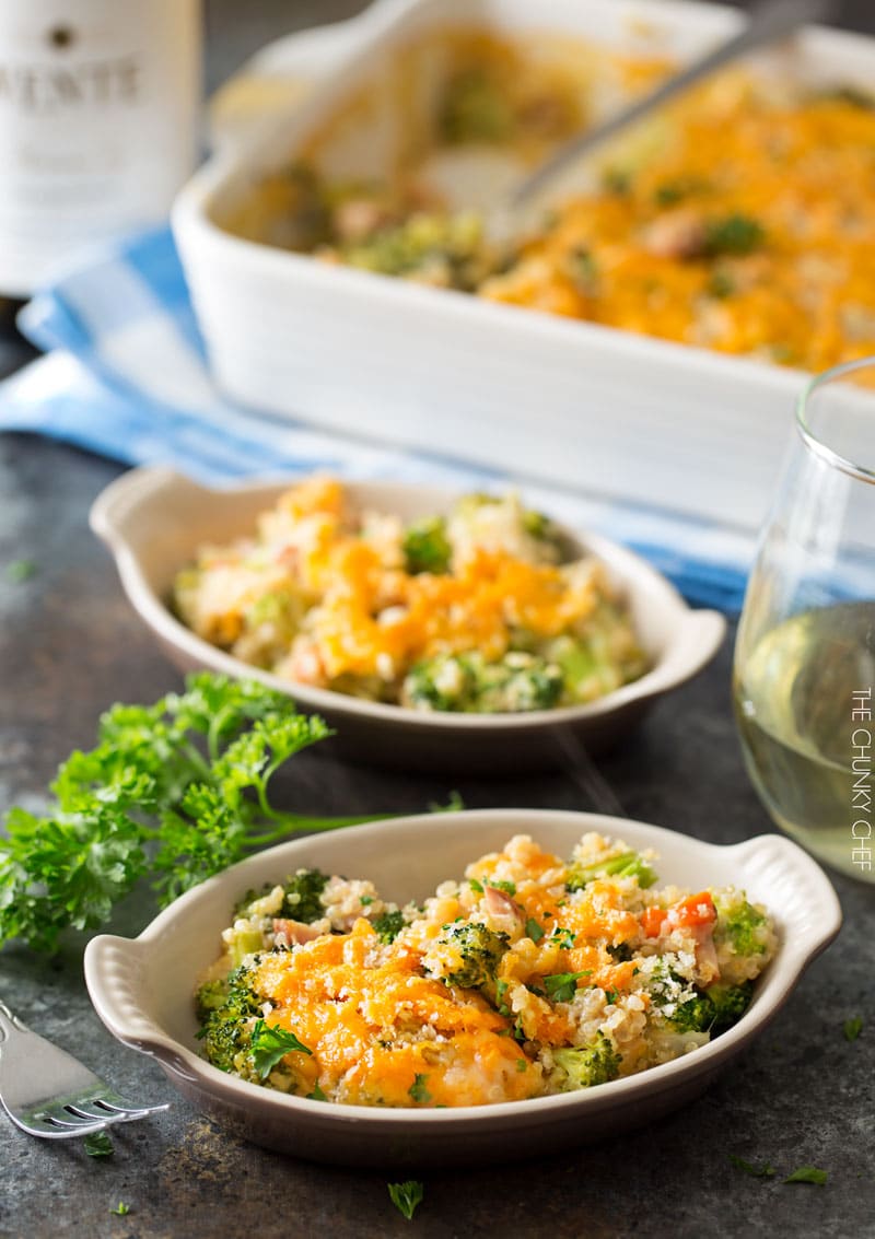 Cheesy Quinoa and Sausage Broccoli Casserole | A healthier version of the classic broccoli casserole, made with protein packed quinoa, chicken sausage, and a homemade (no condensed soups) creamy cheddar sauce! | http://thechunkychef.com