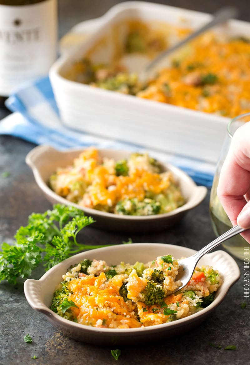 Cheesy Quinoa and Sausage Broccoli Casserole | A healthier version of the classic broccoli casserole, made with protein packed quinoa, chicken sausage, and a homemade (no condensed soups) creamy cheddar sauce! | http://thechunkychef.com