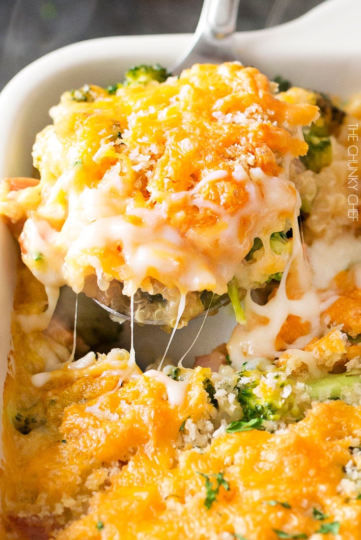 Cheesy Quinoa and Sausage Broccoli Casserole | A healthier version of the classic broccoli casserole, made with protein packed quinoa, chicken sausage, and a homemade (no condensed soups) creamy cheddar sauce! | http://thechunkychef.com