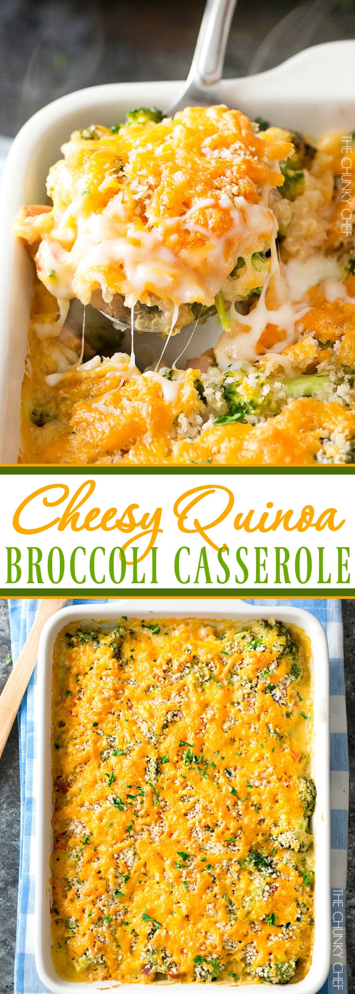 Cheesy Quinoa and Sausage Broccoli Casserole | A healthier version of the classic broccoli casserole, made with protein packed quinoa, chicken sausage, and a homemade (no condensed soups) creamy cheddar sauce! | http://thechunkychef.com