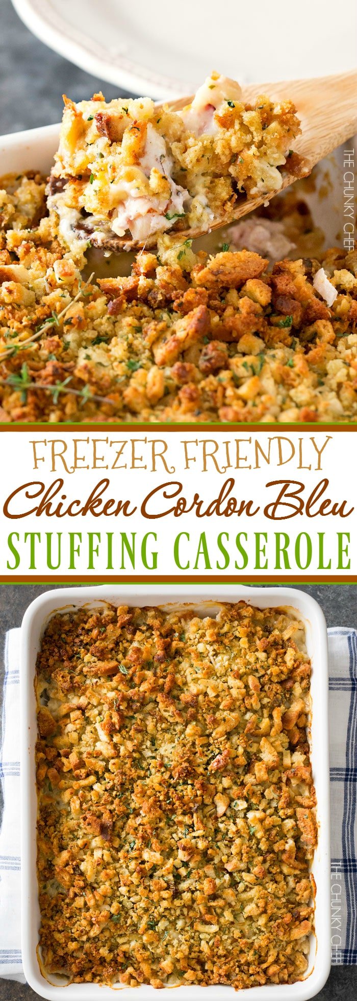 Chicken Cordon Bleu Casserole | A one pan family style casserole full of chicken, ham, swiss cheese, creamy herb sauce and savory stuffing! | http://thechunkychef.com