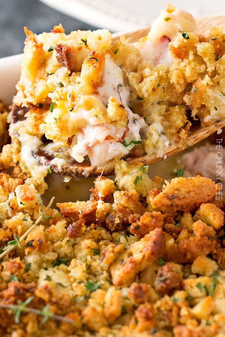 Chicken Cordon Bleu Casserole | A one pan family style casserole full of chicken, ham, swiss cheese, creamy herb sauce and savory stuffing! | http://thechunkychef.com