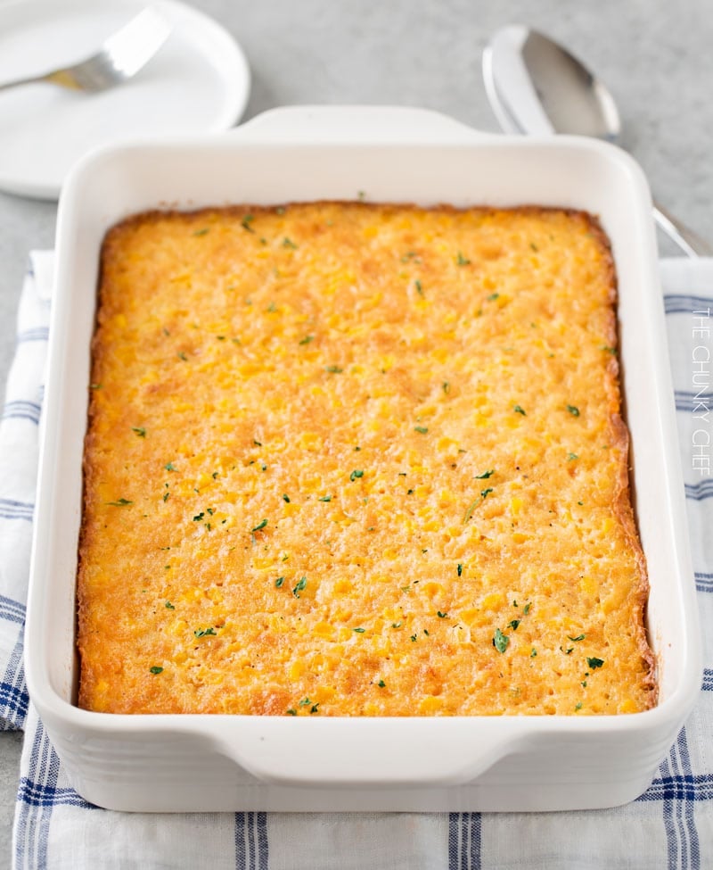Mom's Famous Corn Pudding | Family favorite corn pudding that uses everyday staple ingredients and doesn't require a mixer! | http://thechunkychef.com
