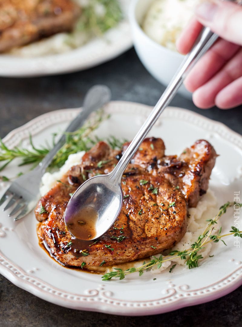 Maple Balsamic Glazed Pork Chops | Tender, juicy, bone-in glazed pork chops are seared and coated in a lip-smacking maple balsamic vinegar sauce! | http://thechunkychef.com