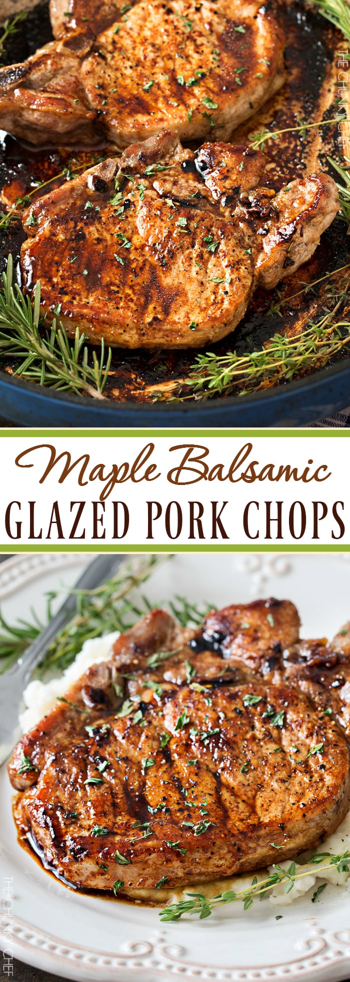 Maple Balsamic Glazed Pork Chops | Tender, juicy, bone-in glazed pork chops are seared and coated in a lip-smacking maple balsamic vinegar sauce! | http://thechunkychef.com