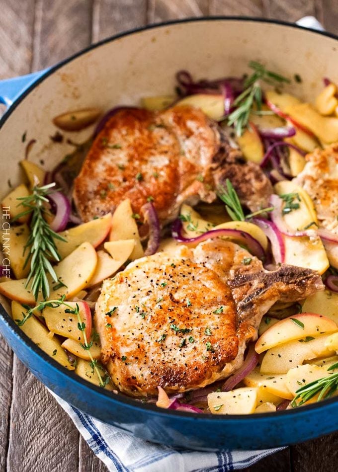 One Pan Pork Chops with Apples and Onions | Amazing Fall flavors combine in this one pan, 30 minute pork chop meal! | http://thechunkychef.com
