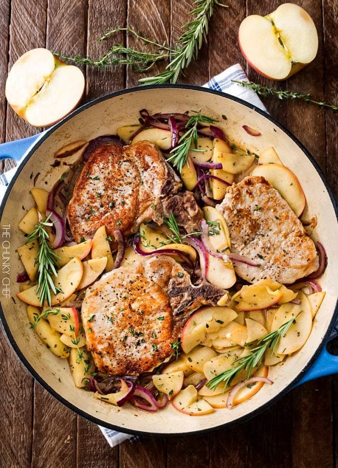 One Pan Pork Chops with Apples and Onions | Amazing Fall flavors combine in this one pan, 30 minute pork chop meal! | http://thechunkychef.com