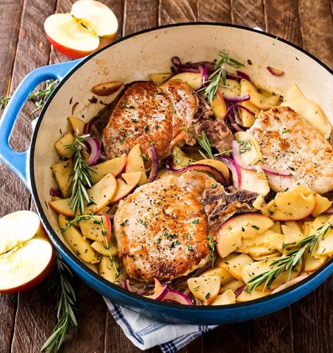 One Pan Pork Chops with Apples and Onions | Amazing Fall flavors combine in this one pan, 30 minute pork chop meal! | http://thechunkychef.com