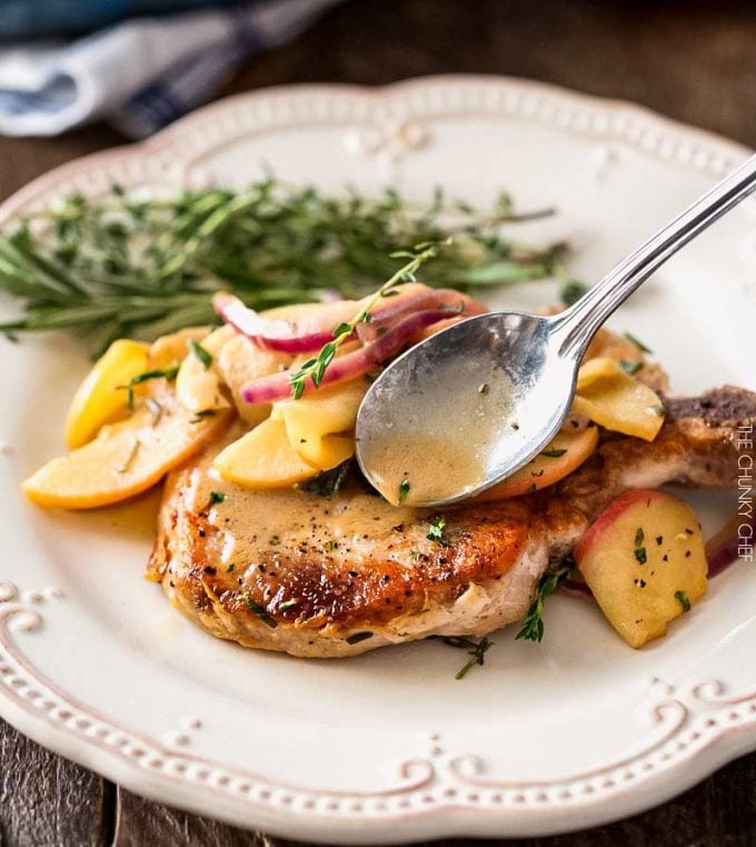 One Pan Pork Chops with Apples and Onions | Amazing Fall flavors combine in this one pan, 30 minute pork chop meal! | http://thechunkychef.com