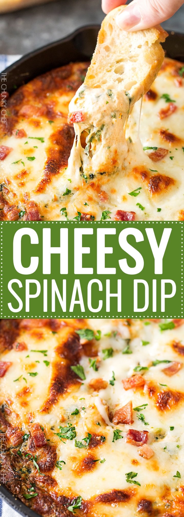 Cheesy Bacon Spinach Dip | This party spinach dip is loaded with tons of spinach, gooey cheese, crispy bacon and other mouthwatering flavors. Combine, bake, and eat! Perfect for a party! | http://thechunkychef.com