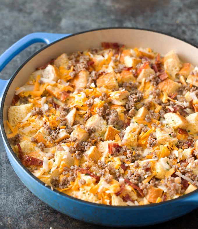 Unbaked breakfast casserole in dish