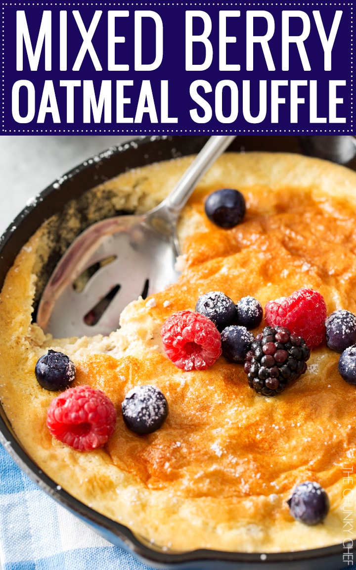 Mixed Berry Baked Oatmeal Souffle | Soft, fluffy oatmeal is folded with whipped egg whites and swirled with mixed berries, then baked until puffed and golden! | http://thechunkychef.com