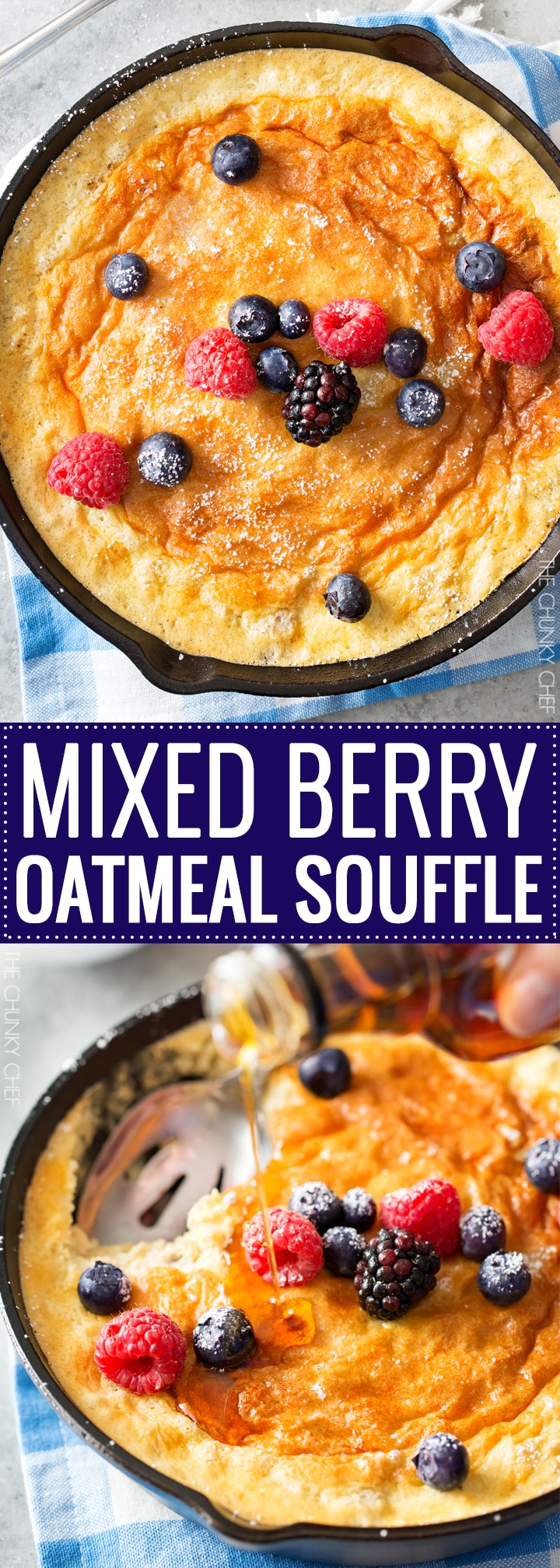 Mixed Berry Baked Oatmeal Souffle | Soft, fluffy oatmeal is folded with whipped egg whites and swirled with mixed berries, then baked until puffed and golden! | http://thechunkychef.com