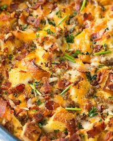 Overnight Breakfast Strata | This breakfast strata dish is made the night before, refrigerated overnight, then baked to bubbly, cheesy perfection! | http://thechunkychef.com