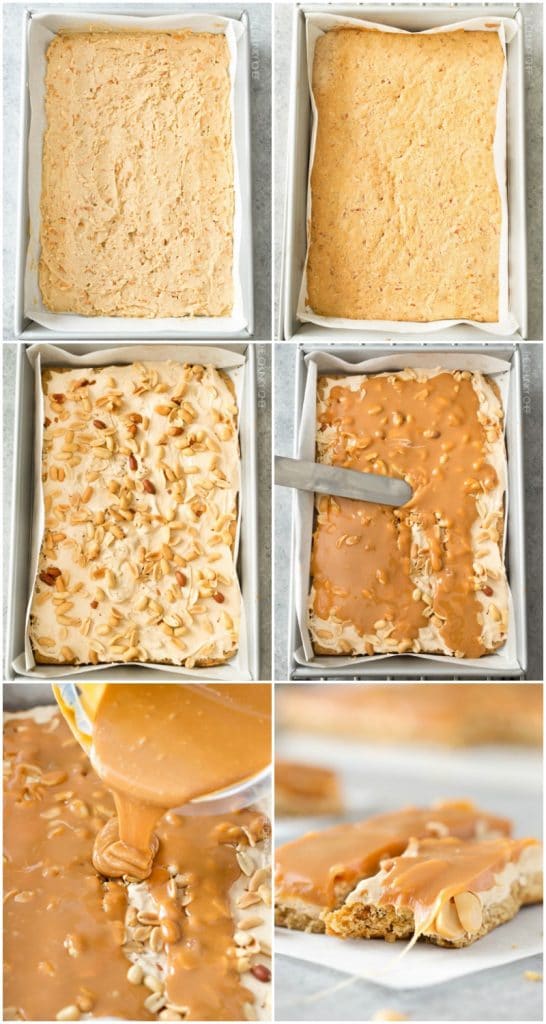 Salted Caramel Peanut Bars | These easy to make bars taste like a great candy bar! A soft pretzel flavored base is covered with a creamy nougat layer, sprinkled with peanuts, and coated in dreamy salted caramel! | http://thechunkychef.com