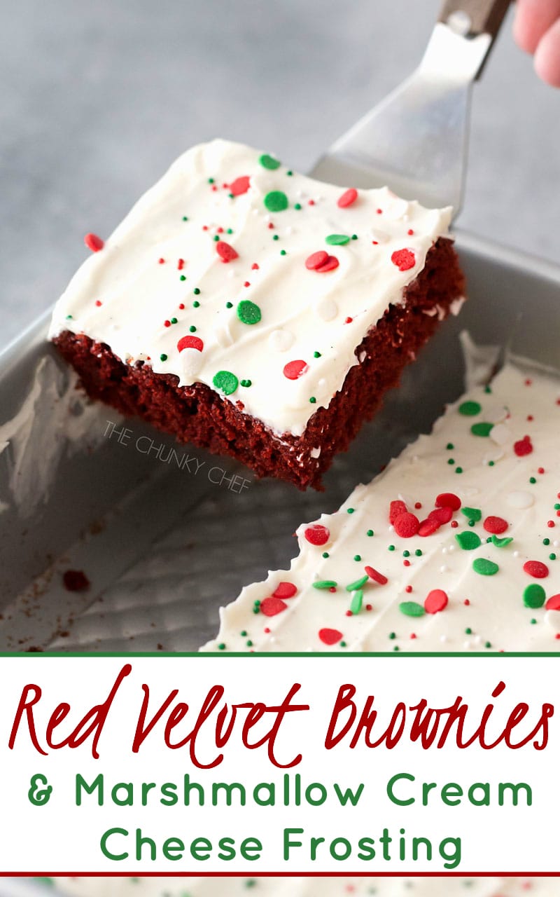 Red Velvet Brownies with Marshmallow Cream Cheese Frosting | Flavorful and festive red velvet brownies slathered in an ultra creamy frosting. Perfect for all holiday festivities, and easy to customize to other holidays as well! | http://thechunkychef.com