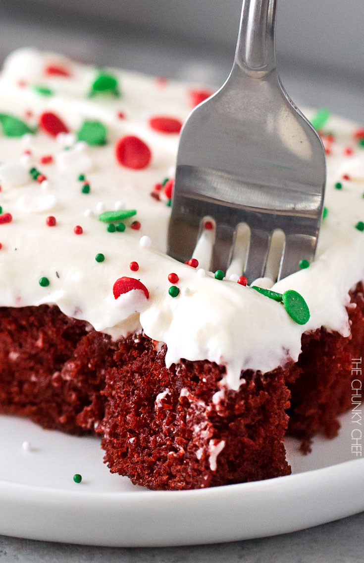 Red Velvet Brownies with Marshmallow Cream Cheese Frosting | Flavorful and festive red velvet brownies slathered in an ultra creamy frosting. Perfect for all holiday festivities, and easy to customize to other holidays as well! | http://thechunkychef.com