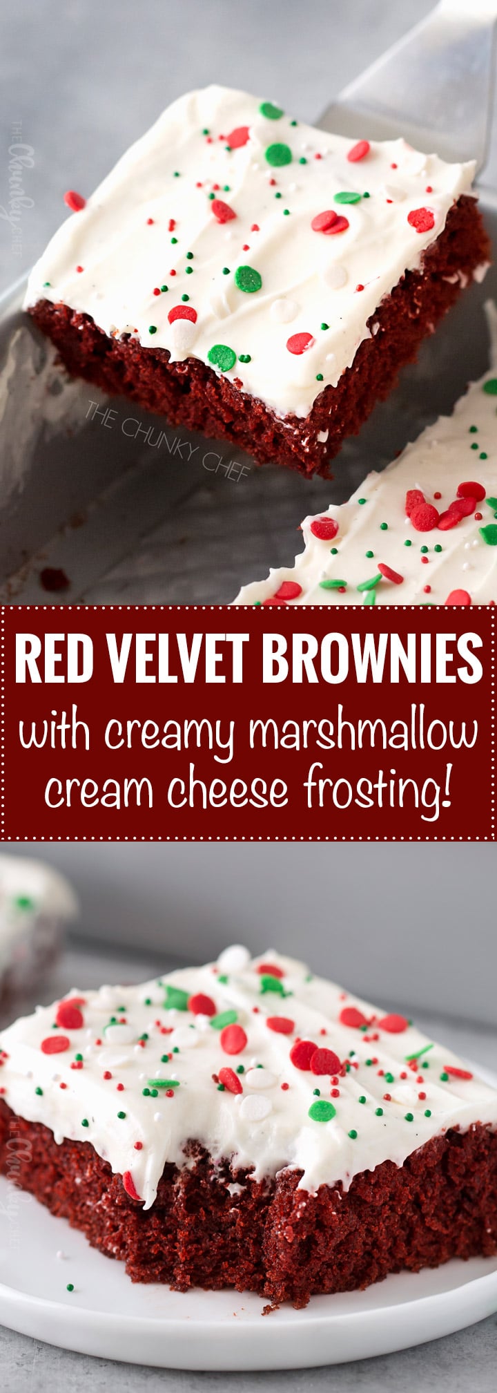 Red Velvet Brownies with Marshmallow Cream Cheese Frosting | Flavorful and festive red velvet brownies slathered in an ultra creamy frosting. Perfect for all holiday festivities, and easy to customize to other holidays as well! | #brownies #redvelvet #redvelvetrecipe #holidaybaking #brownierecipes #christmasdesserts