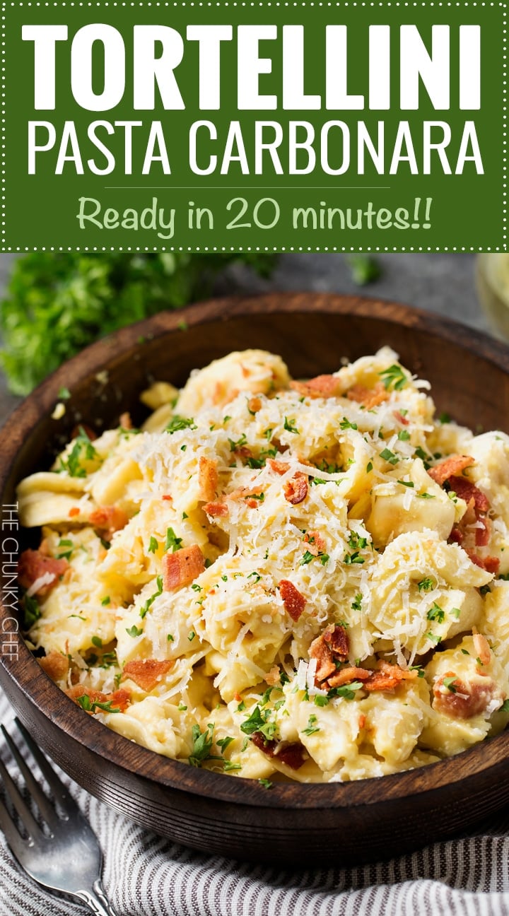 20 Minute Tortellini Pasta Carbonara | Cheese tortellini pasta is coated in a rich carbonara sauce, sprinkled with bacon and Parmesan cheese. It's the perfect weeknight dinner! | http://thechunkychef.com