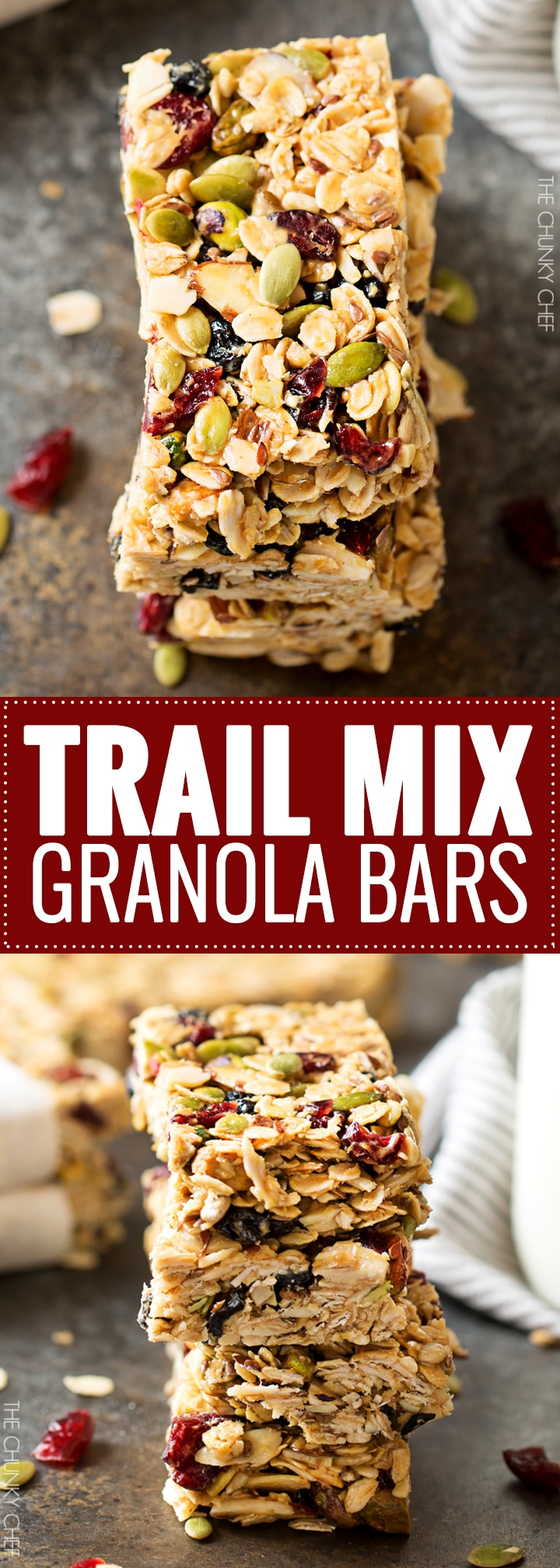 No Bake Chewy Trail Mix Granola Bars | These chewy trail mix granola bars are incredibly easy, no bake, and are naturally sweetened. Make yourself a snack you can feel great about! | http://thechunkychef.com