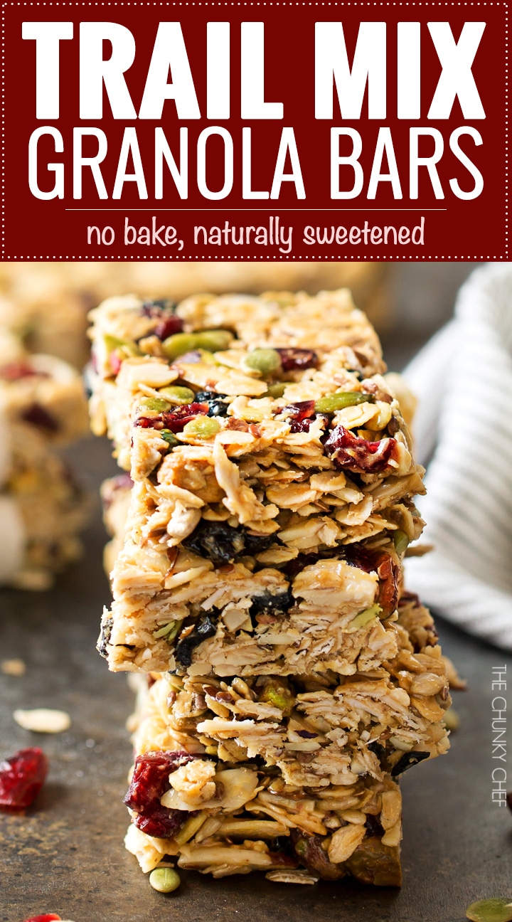 No Bake Chewy Trail Mix Granola Bars | These chewy trail mix granola bars are incredibly easy, no bake, and are naturally sweetened. Make yourself a snack you can feel great about! | http://thechunkychef.com