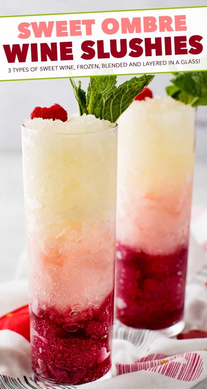 Three types of sweet wine are frozen, blended with simple syrup, and layered to create a drink that's every bit as delicious as it is beautiful! #slush #slushy #slushie #wine #ombre #valentinesday #frozendrink #mothersday #cocktail #icy