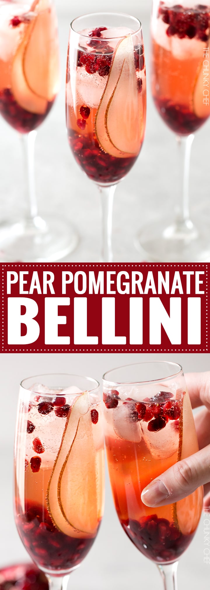 Pear Pomegranate Bellini | A delightful combination of Prosecco and pear brandy create this light, bubbly, and elegant Bellini! As pretty as it is delicious, it's just the drink you need for your next party or date night! | http://thechunkychef.com