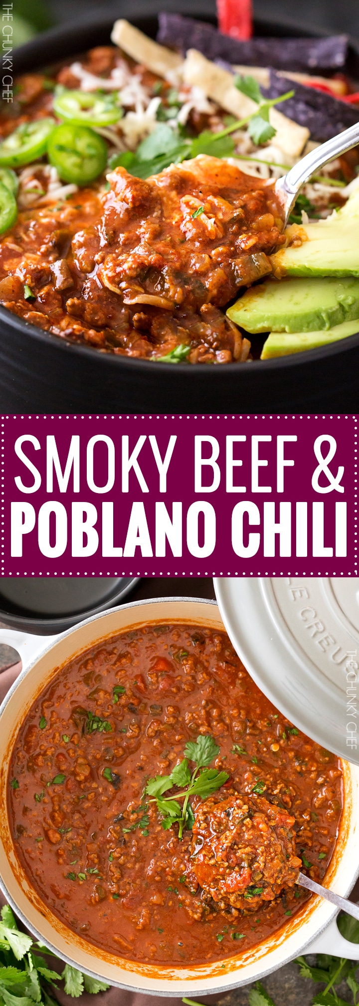 Smoky Beef and Poblano Chili | A hearty beef and poblano pepper chili with just the right amount of heat and spice and full of great smoky flavor! Perfect for a game day meal! | http://thechunkychef.com