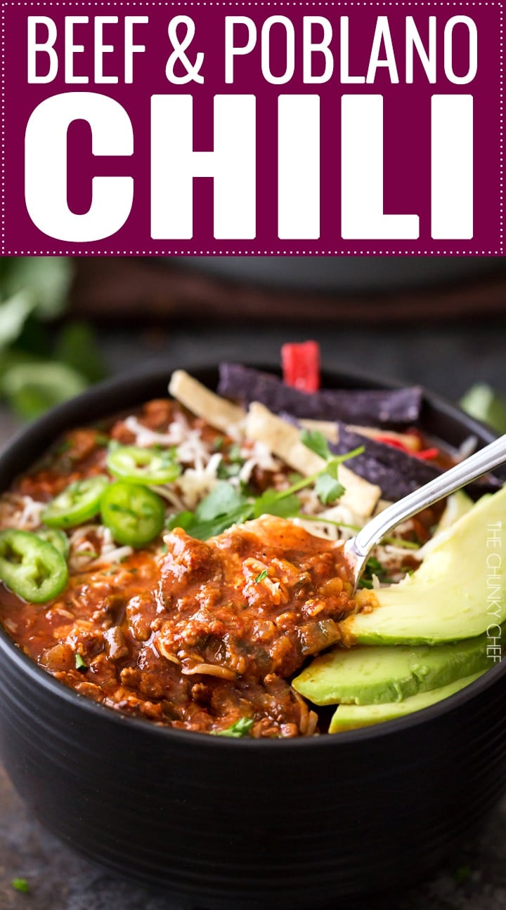 Smoky Beef and Poblano Chili | A hearty beef and poblano pepper chili with just the right amount of heat and spice and full of great smoky flavor! Perfect for a game day meal! | http://thechunkychef.com