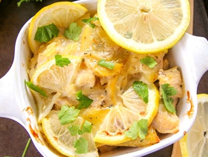 Lemon Chicken and Potato Bake | Chicken and potatoes are baked with lemon slices in a creamy casserole that's sure to fill you up and make you smile! | http://thechunkychef.com