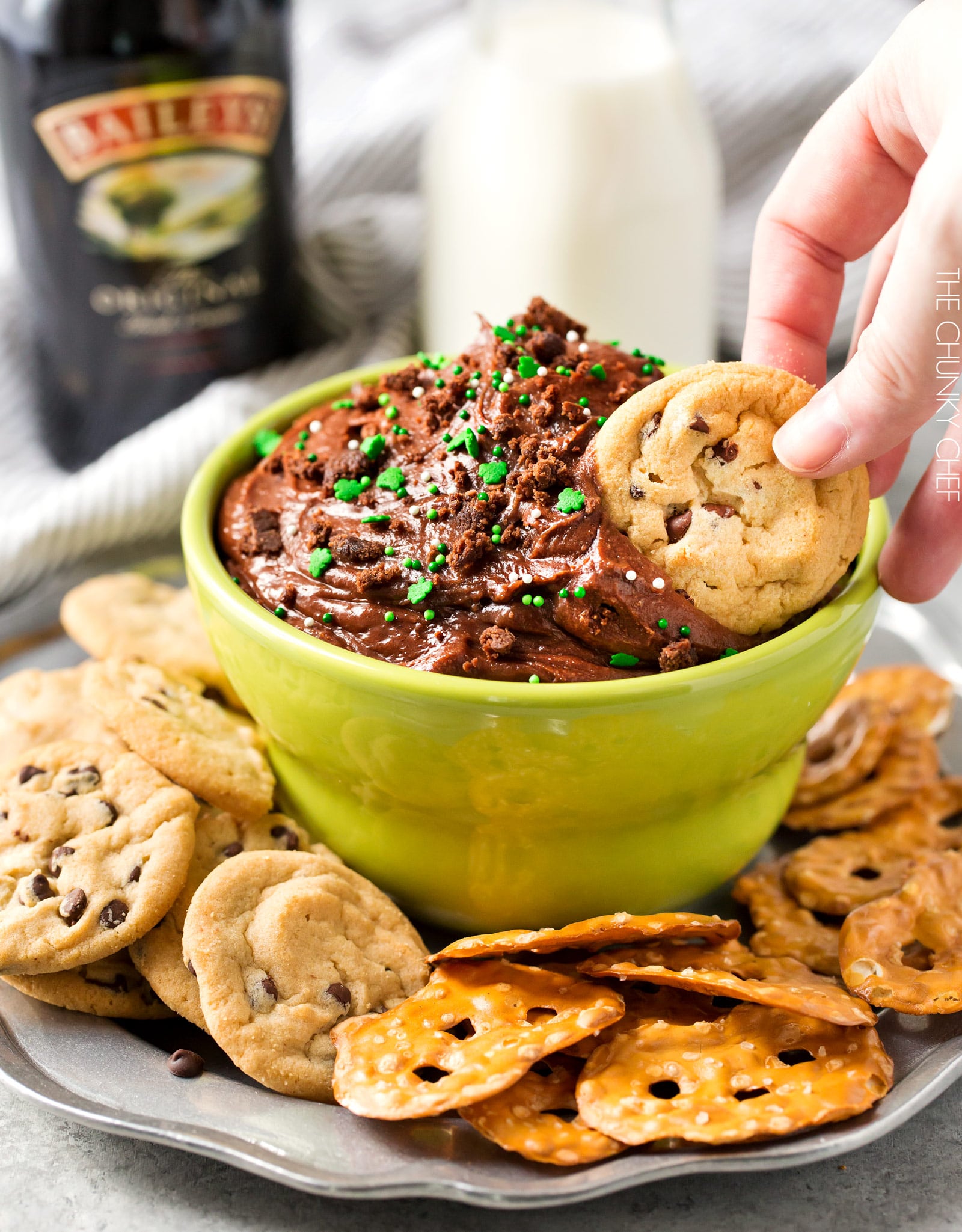 Baileys Brownie Batter Dip | All the amazing brownie batter flavor, in a safe to eat, eggless dip. A splash of Baileys gives this dessert dip a little holiday flair... perfect for a St. Patrick's Day party! | http://thechunkychef.com