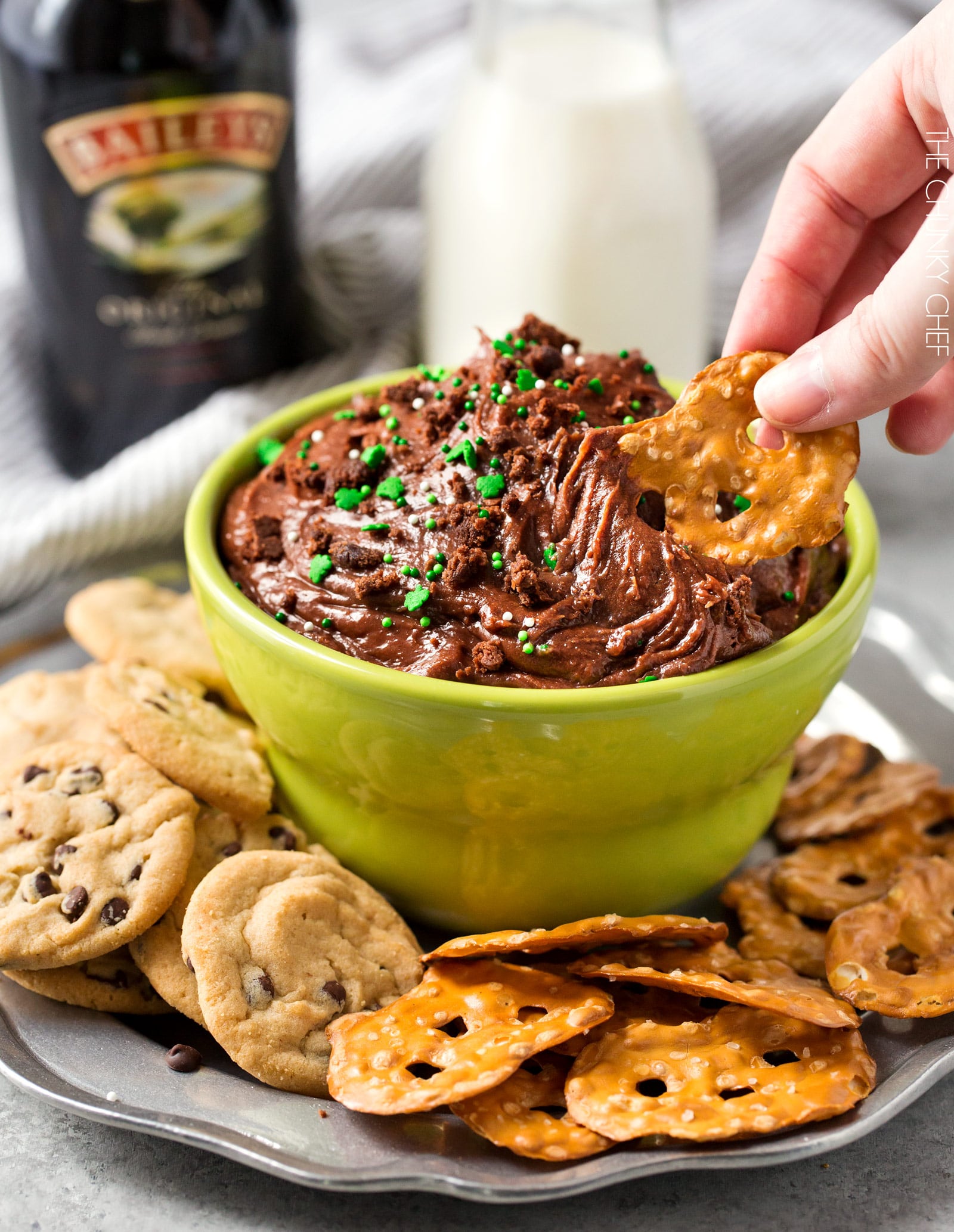 Baileys Brownie Batter Dip | All the amazing brownie batter flavor, in a safe to eat, eggless dip. A splash of Baileys gives this dessert dip a little holiday flair... perfect for a St. Patrick's Day party! | http://thechunkychef.com