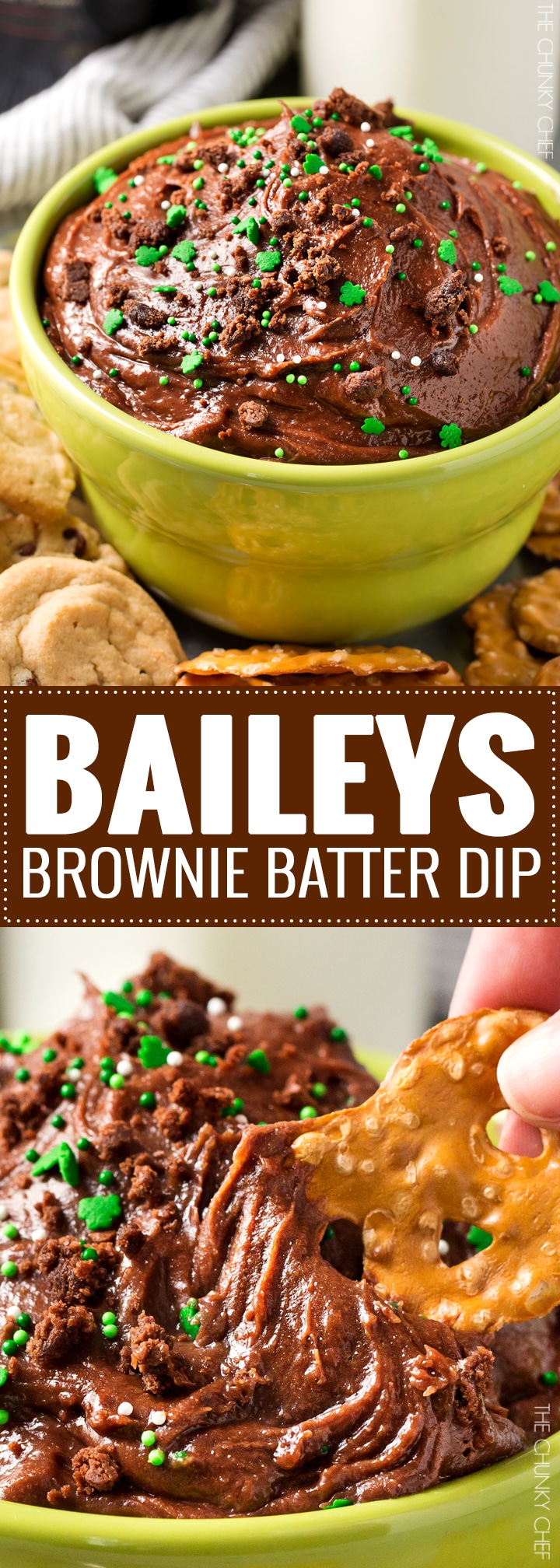 Baileys Brownie Batter Dip | All the amazing brownie batter flavor, in a safe to eat, eggless dip. A splash of Baileys gives this dessert dip a little holiday flair... perfect for a St. Patrick's Day party! | http://thechunkychef.com