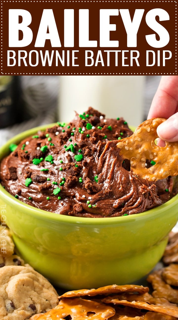 Baileys Brownie Batter Dip | All the amazing brownie batter flavor, in a safe to eat, eggless dip. A splash of Baileys gives this dessert dip a little holiday flair... perfect for a St. Patrick's Day party! | http://thechunkychef.com