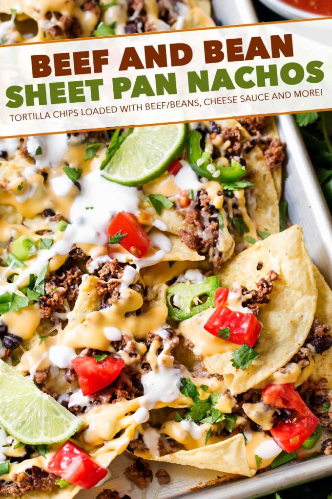 These sheet pan nachos are perfect for any party! Layer after layer of mouthwatering flavor, smothered with a jalapeño cheese sauce and loaded with classic nacho toppings! #nachos #beef #bean #mexican #party #appetizer #sheetpan #easyrecipe #cheesy