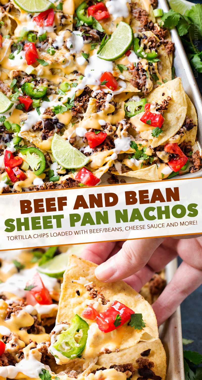 These sheet pan nachos are perfect for any party! Layer after layer of mouthwatering flavor, smothered with a jalapeño cheese sauce and loaded with classic nacho toppings! #nachos #beef #bean #mexican #party #appetizer #sheetpan #easyrecipe #cheesy