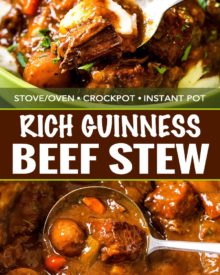 This comfort food is the King of all Irish beef stews, with the Guinness and coffee flavors melding perfectly to give way to a deep, rich, lusciously savory sauce that simmers away to tenderize the beef and vegetables until they're spoonable! #beefstew #irish #stpatricksday #stew #beef #guinness #coffee #slowcooker #crockpot #instantpot #pressurecooker
