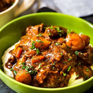 Irish beef stew in green bowl