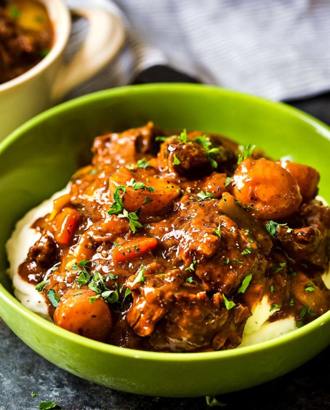 Irish beef stew in green bowl