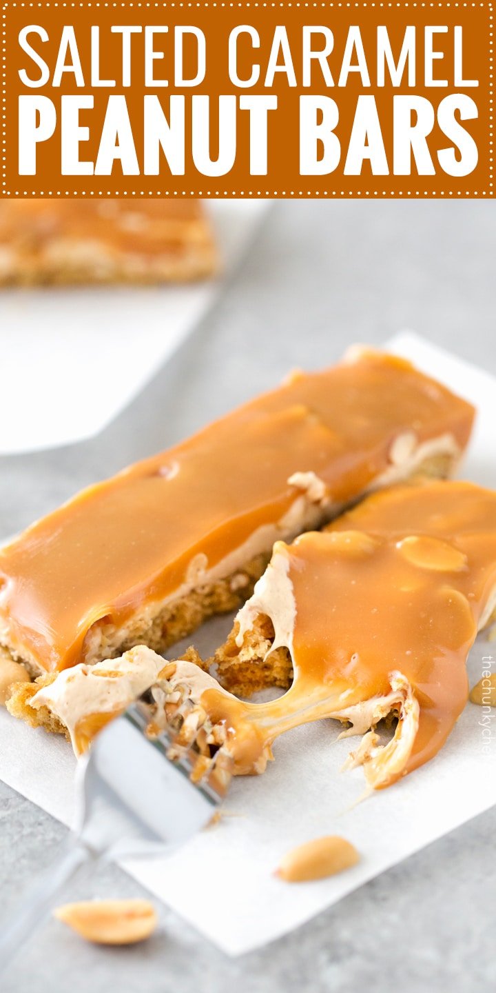 Salted Caramel Peanut Bars | These easy to make bars taste like a great candy bar! A soft pretzel flavored base is covered with a creamy nougat layer, sprinkled with peanuts, and coated in dreamy salted caramel! | http://thechunkychef.com