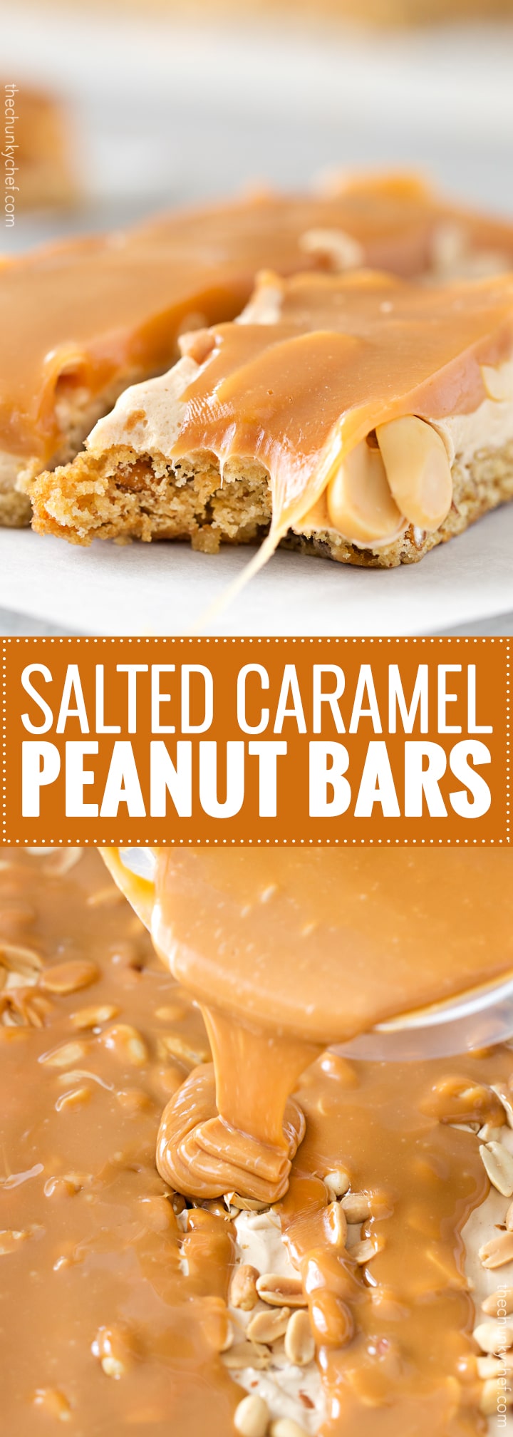 Salted Caramel Peanut Bars | These easy to make bars taste like a great candy bar! A soft pretzel flavored base is covered with a creamy nougat layer, sprinkled with peanuts, and coated in dreamy salted caramel! | http://thechunkychef.com