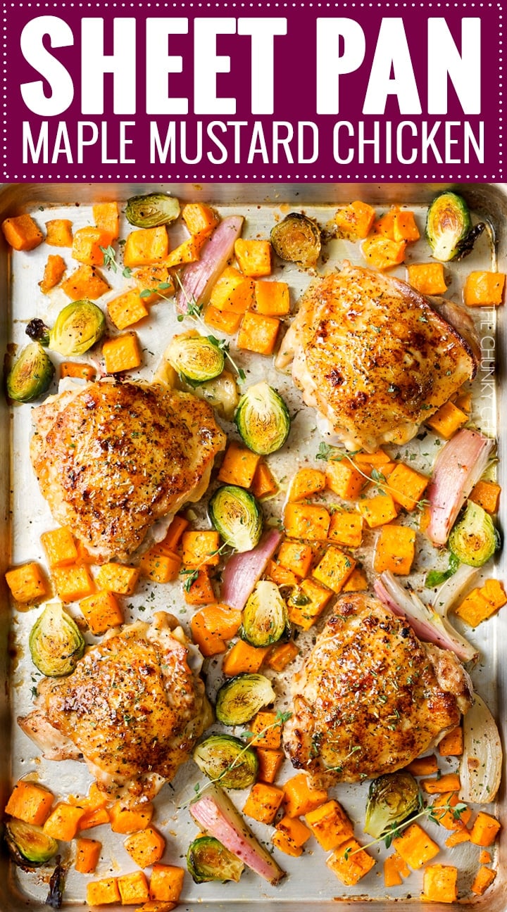 Sheet Pan Maple Mustard Roasted Chicken | Chicken thighs are coated in a sweet and savory maple mustard sauce and roasted alongside creamy butternut squash and savory brussels sprouts, all on one sheet pan for an incredibly quick, easy meal with hardly any cleanup needed! | http://thechunkychef.com