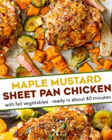 Chicken thighs are coated in a mouthwatering maple mustard sauce and roasted alongside classic Fall vegetables. Made on one sheet pan for an incredibly quick, easy meal with hardly any cleanup needed! #chicken #sheetpan #maple #mustard