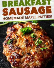 These Maple Breakfast Sausage patties are made with a combo of ground turkey and pork, savory herbs, and sweet maple syrup. Your favorite breakfast meat - perfect to make ahead and freeze! #breakfast #sausage #maple #turkey #pork #patties #makeahead #freeze