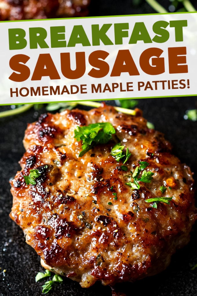 These Maple Breakfast Sausage patties are made with a combo of ground turkey and pork, savory herbs, and sweet maple syrup. Your favorite breakfast meat - perfect to make ahead and freeze! #breakfast #sausage #maple #turkey #pork #patties #makeahead #freeze