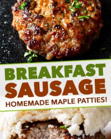 These Maple Breakfast Sausage patties are made with a combo of ground turkey and pork, savory herbs, and sweet maple syrup. Your favorite breakfast meat - perfect to make ahead and freeze! #breakfast #sausage #maple #turkey #pork #patties #makeahead #freeze