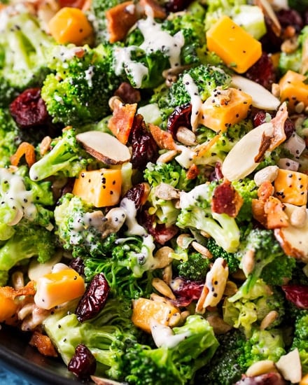 The ultimate broccoli salad is made with crunchy almonds, bacon, sunflower seeds, tart cranberries, and a creamy citrus poppyseed dressing!  Perfect make-ahead holiday side dish recipe! #sidedish #broccoli #salad #easter #memorialday #summer #easyrecipe #makeahead