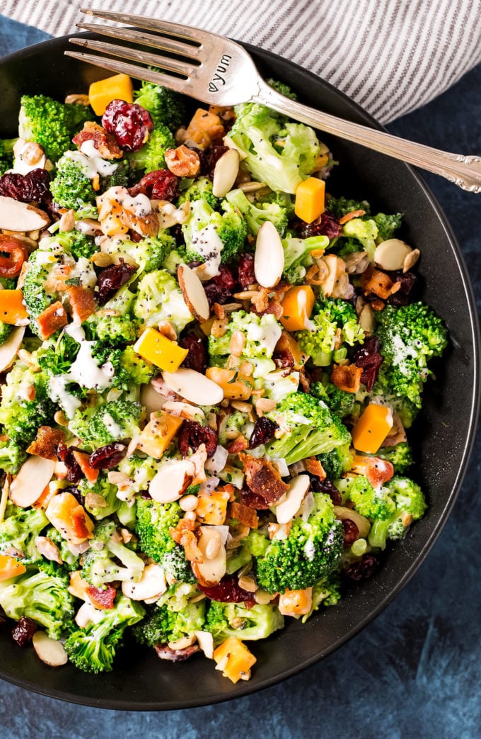 Bowl of broccoli salad with fork