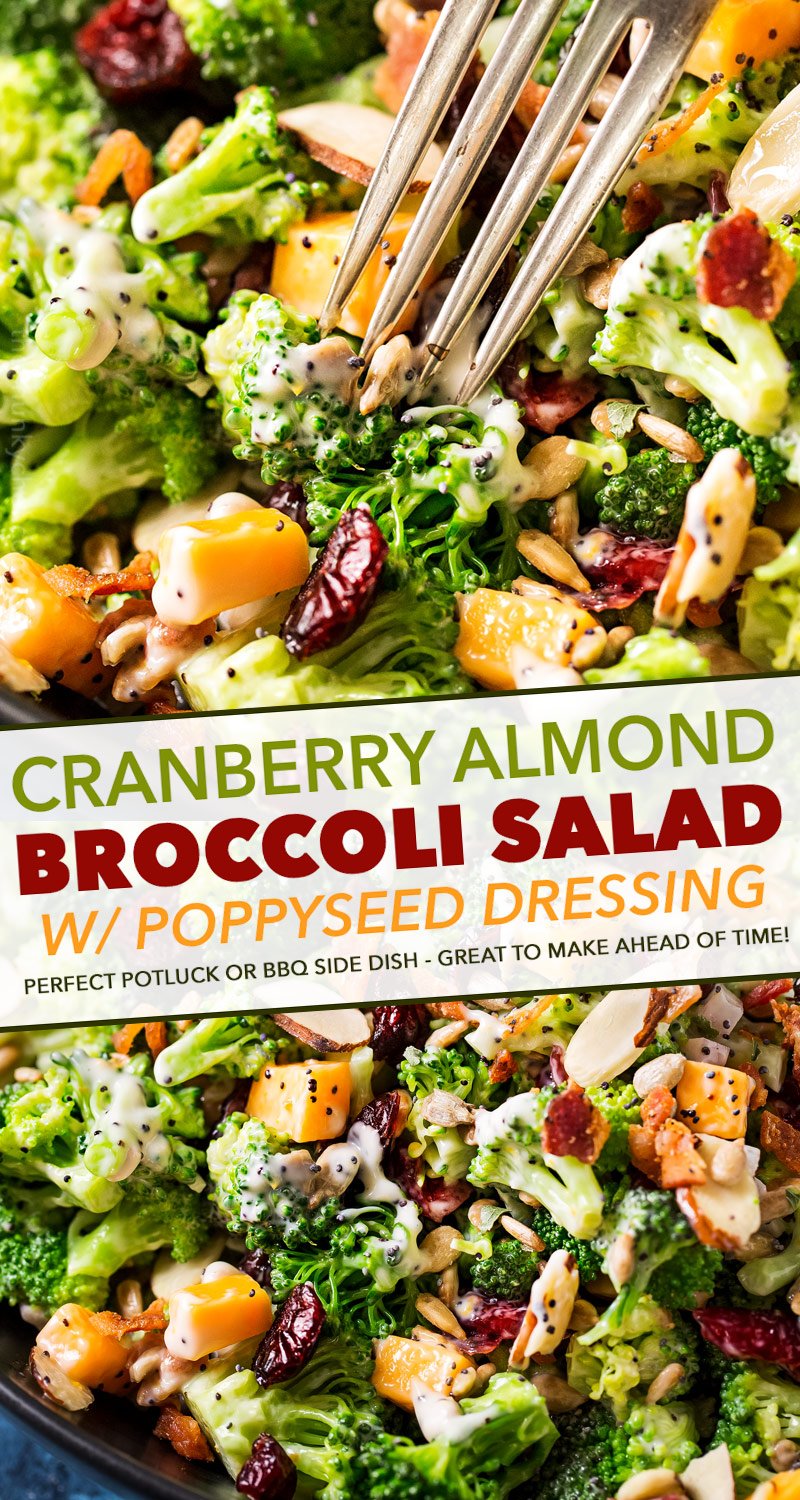 The ultimate broccoli salad is made with crunchy almonds, bacon, sunflower seeds, tart cranberries, and a creamy citrus poppyseed dressing!  Perfect make-ahead holiday side dish recipe! #sidedish #broccoli #salad #easter #memorialday #summer #easyrecipe #makeahead